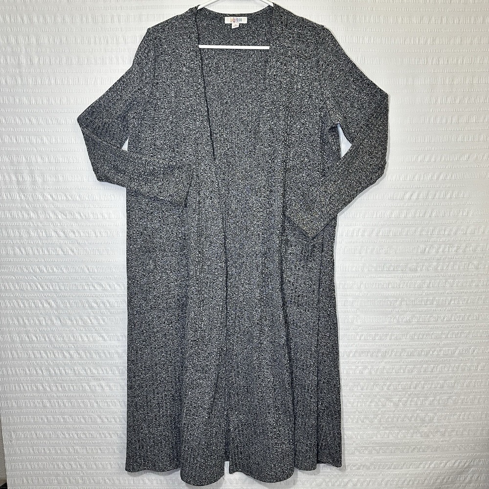 LuLaRoe Sarah Cardigan Sz M Black/Heather Grey Marled Ribbed Cozy Boho Duster